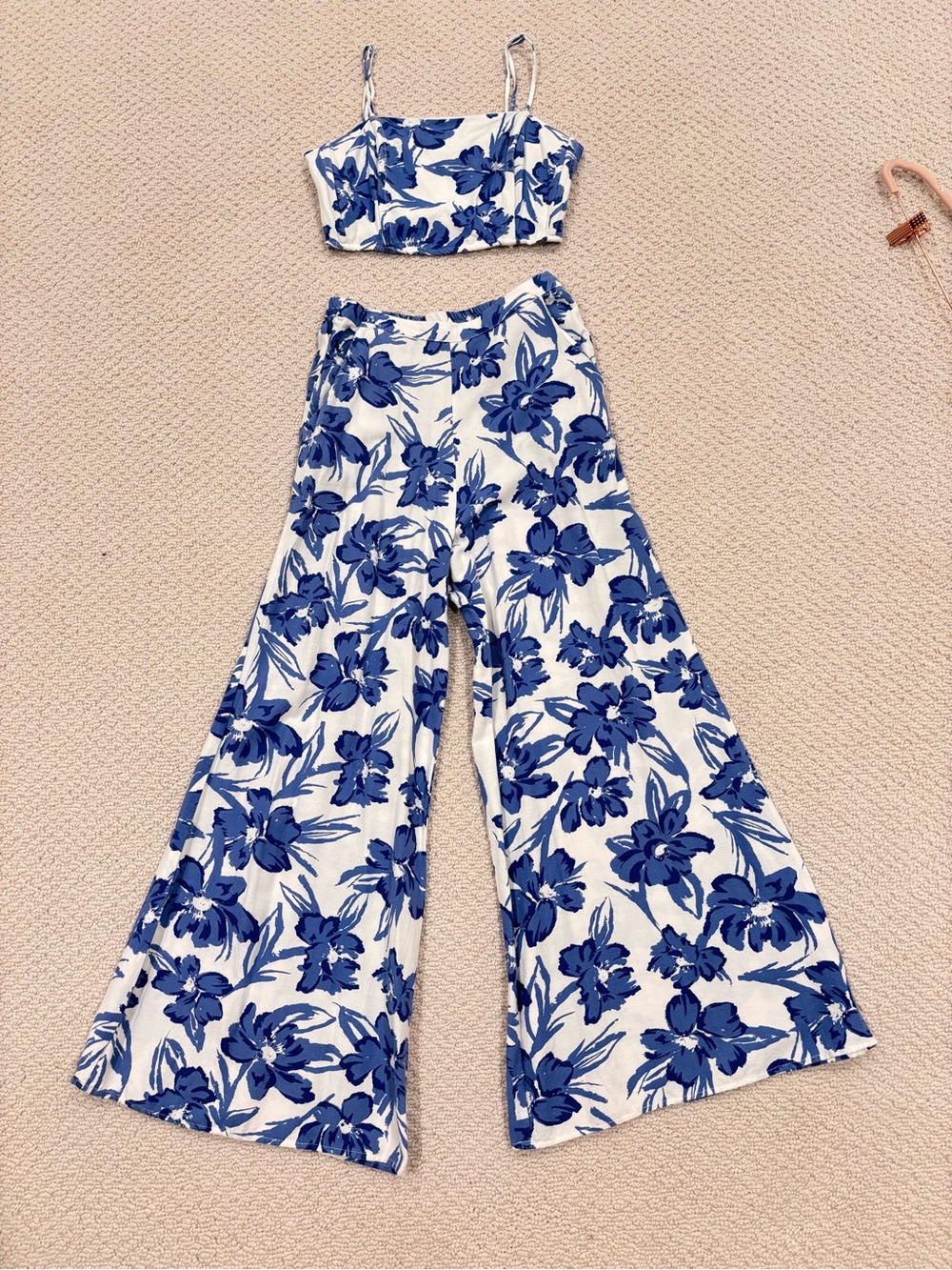 Wide-Leg Floral Set in Blue and White